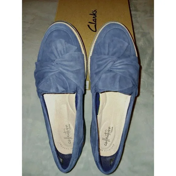 CLARKS EU Navy Suede Sharon Dasher Loafers w/ Rubber Soles Style  38552